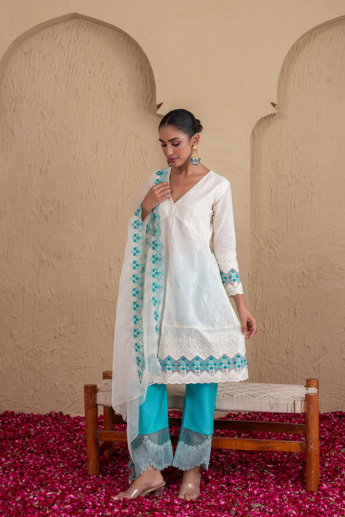 Off-White and Aqua Embroidered Suit Set
