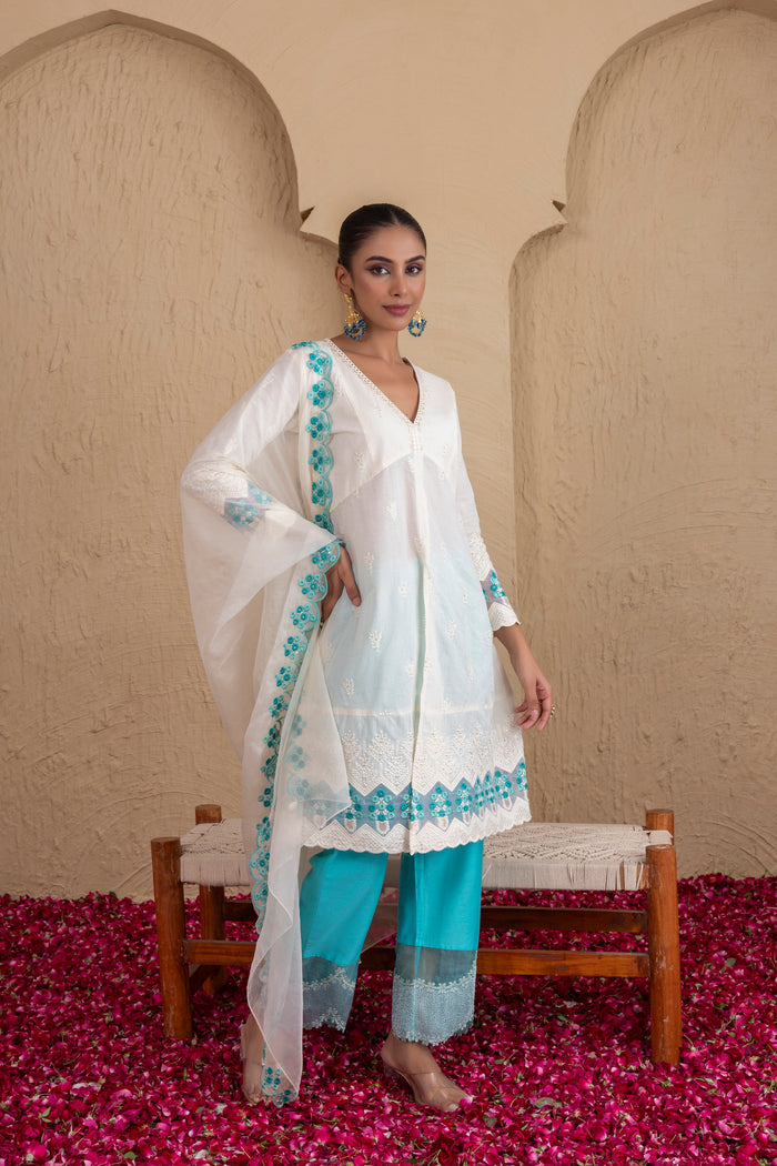 Off-White and Aqua Embroidered Suit Set