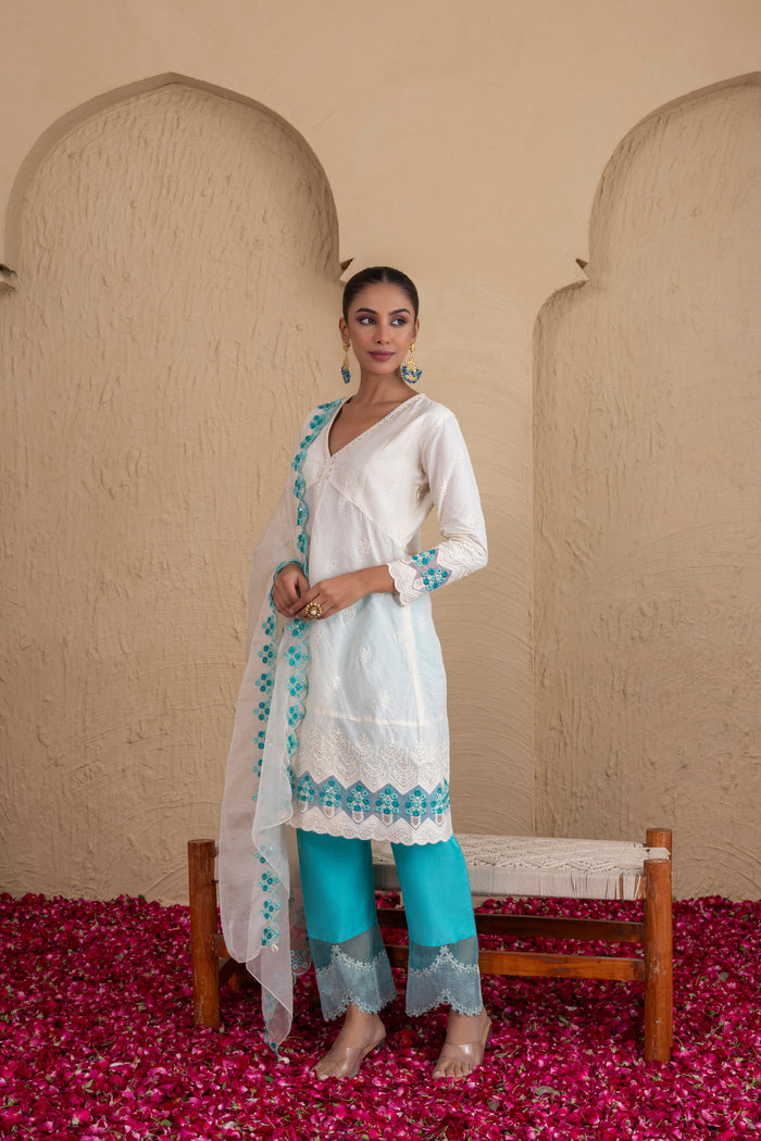 Off-White and Aqua Embroidered Suit Set