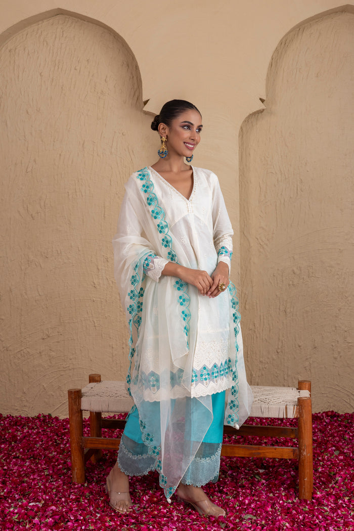 Off-White and Aqua Embroidered Suit Set