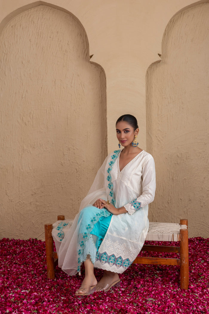 Off-White and Aqua Embroidered Suit Set
