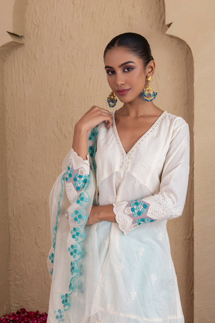 Off-White and Aqua Embroidered Suit Set