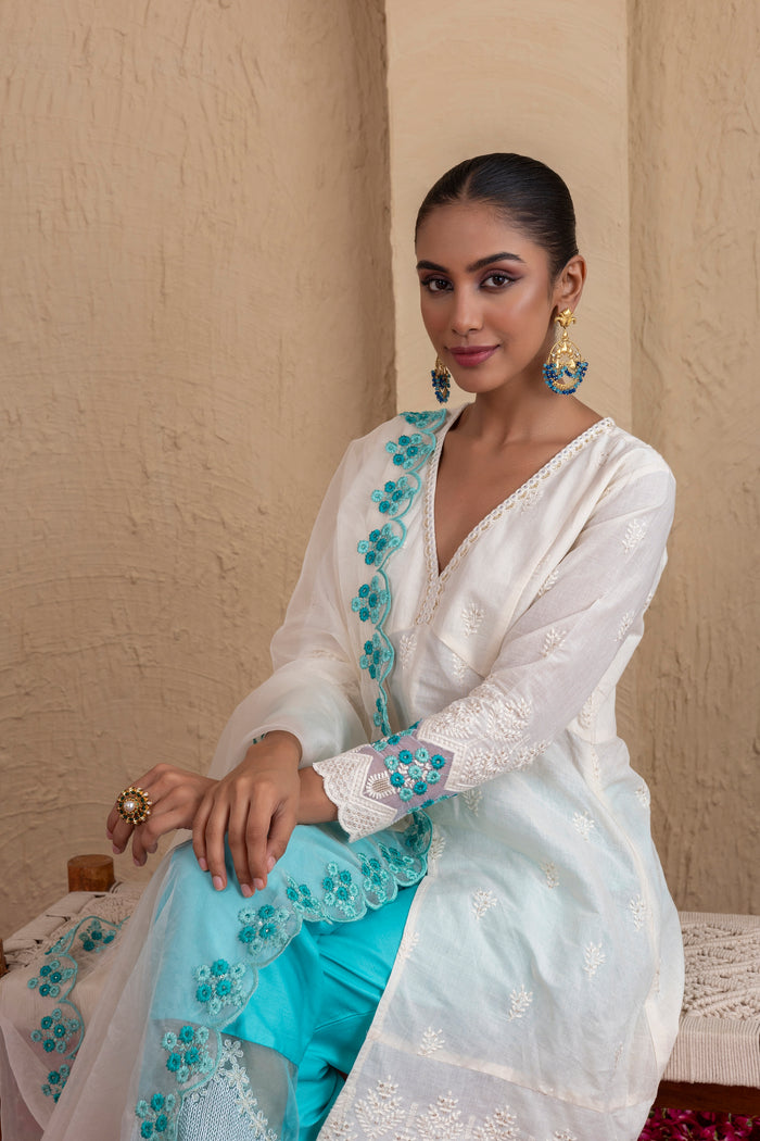 Off-White and Aqua Embroidered Suit Set