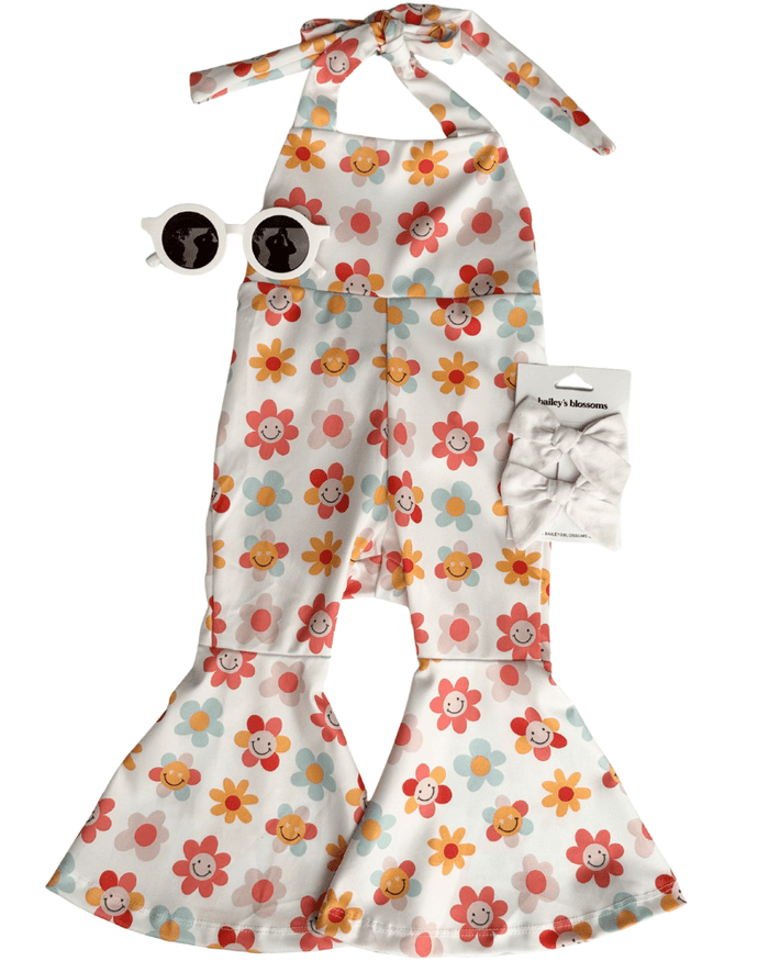 Andi Pleated Bell Bottom Jumpsuit - Retro Blooms product_type - Bailey's Blossoms