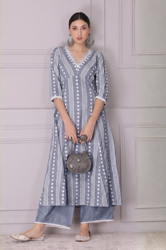 Ash Grey Lace Embroidered Kurta Set