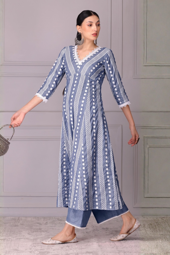 Ash Grey Lace Embroidered Kurta Set