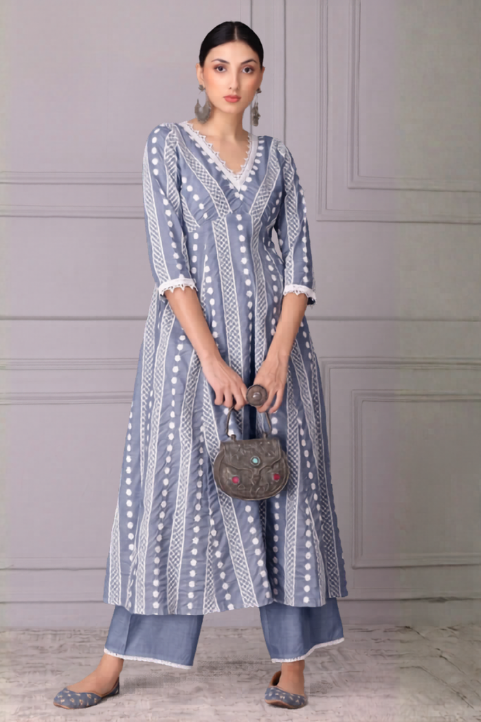 Ash Grey Lace Embroidered Kurta Set