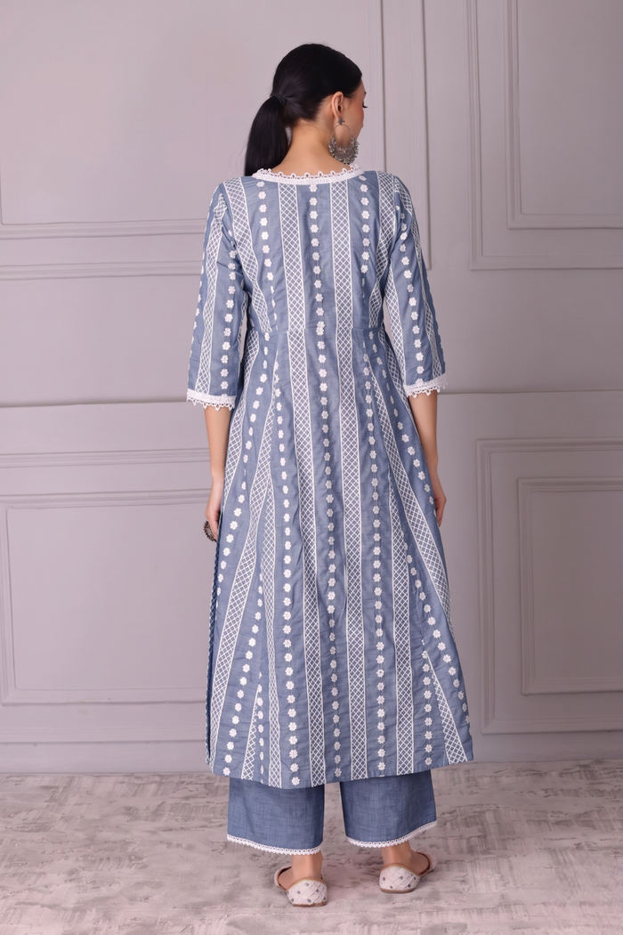 Ash Grey Lace Embroidered Kurta Set