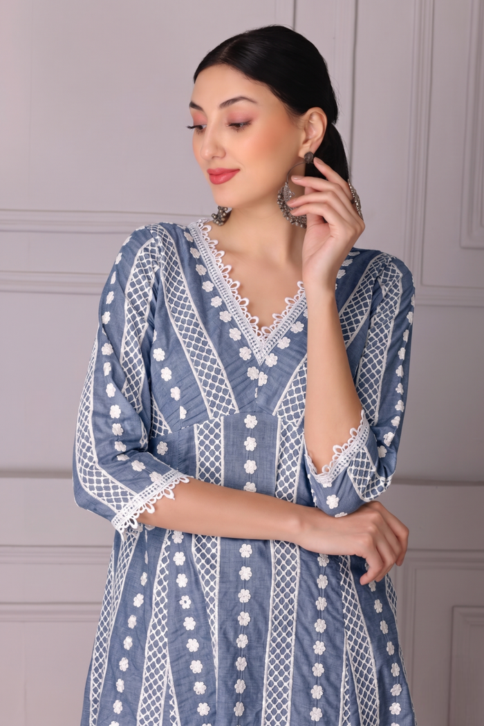Ash Grey Lace Embroidered Kurta Set