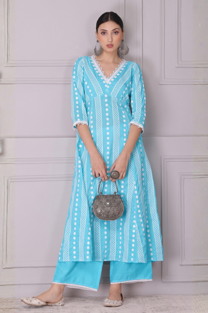 Baby Blue Lace Embroidered Kurta Set