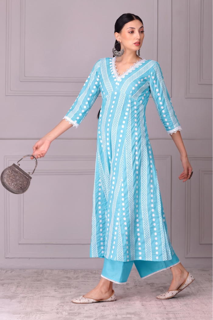 Baby Blue Lace Embroidered Kurta Set