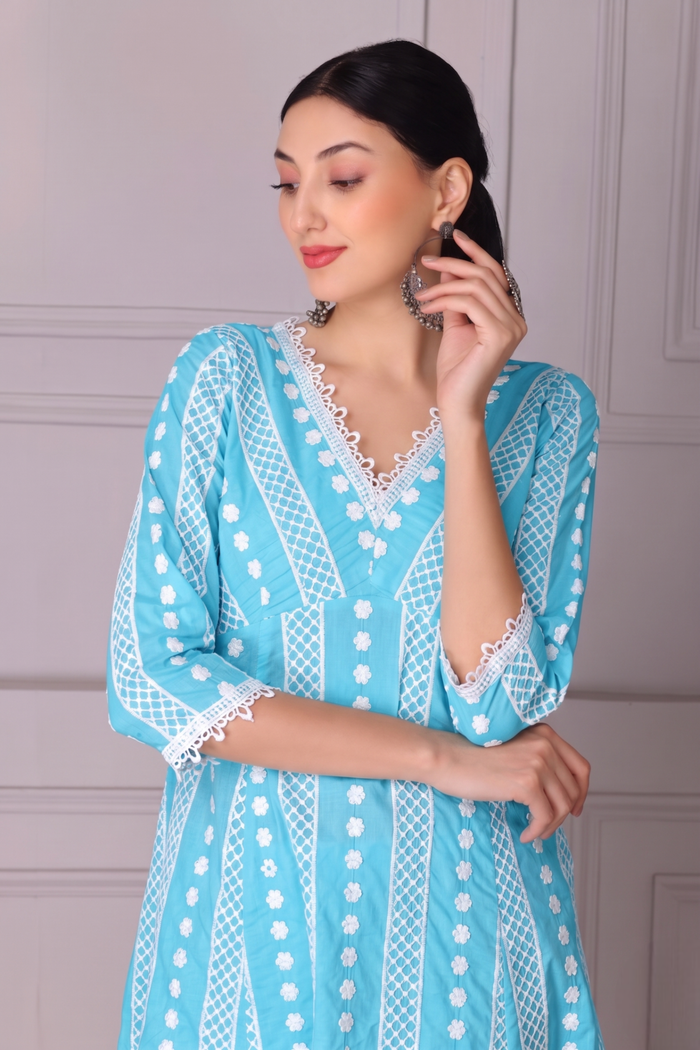 Baby Blue Lace Embroidered Kurta Set