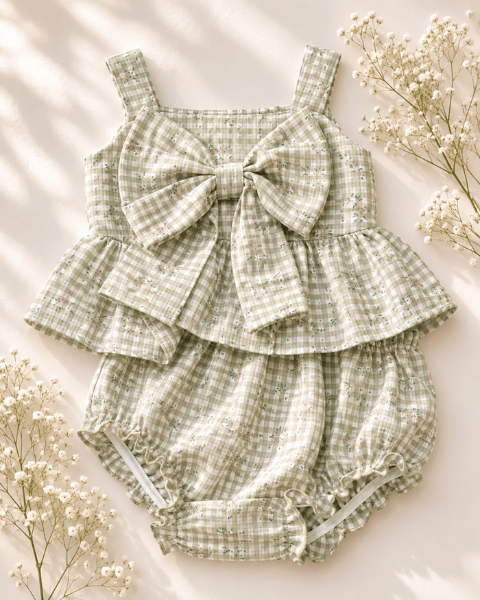 Birdie Bow Front Top & Bloomer Set - Antique Rosette Gingham product_type - Bailey's Blossoms