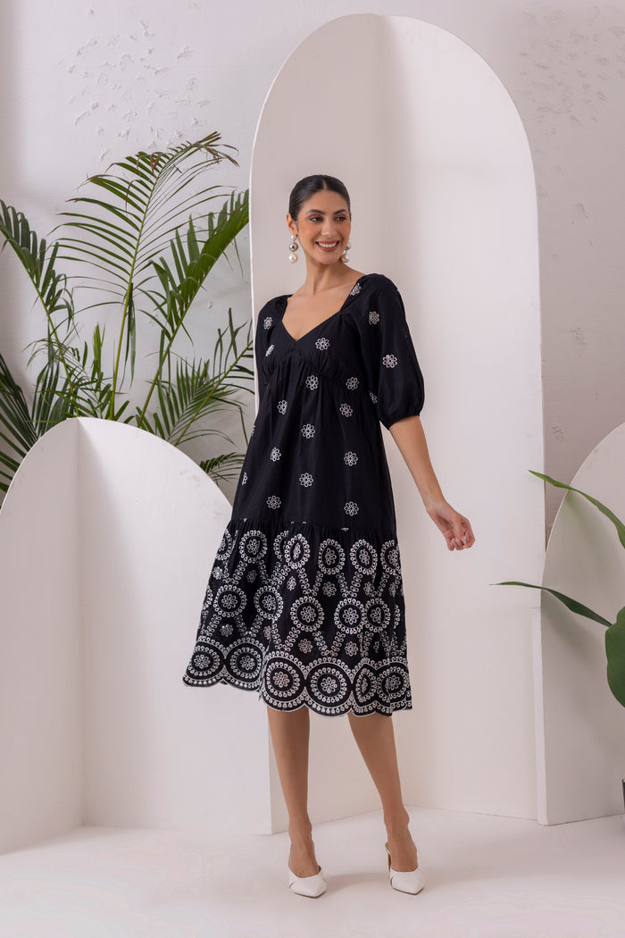 Black Floral Embroidery Midi Dress