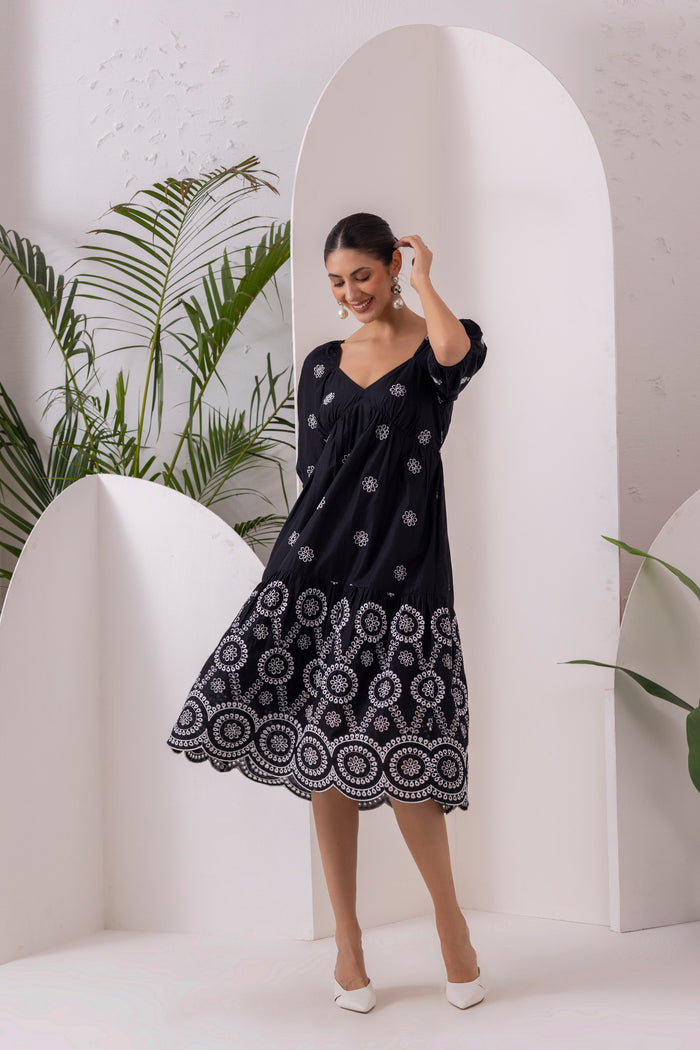 Black Floral Embroidery Midi Dress