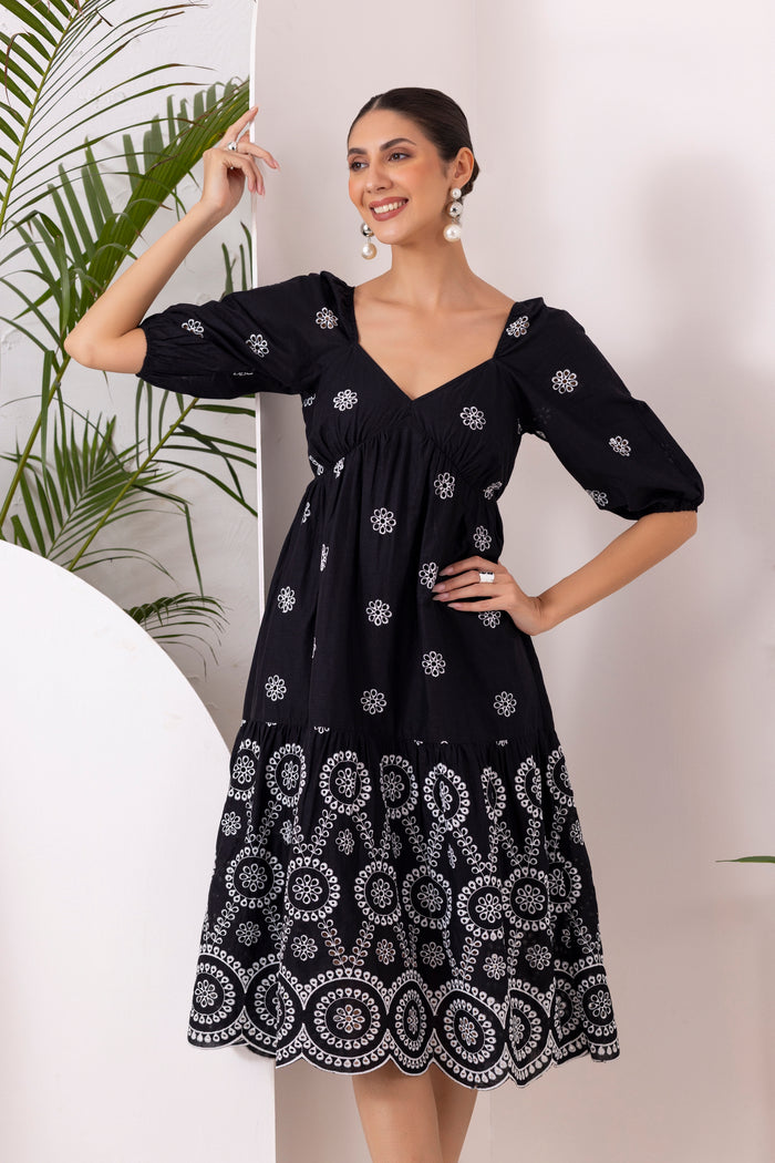 Black Floral Embroidery Midi Dress