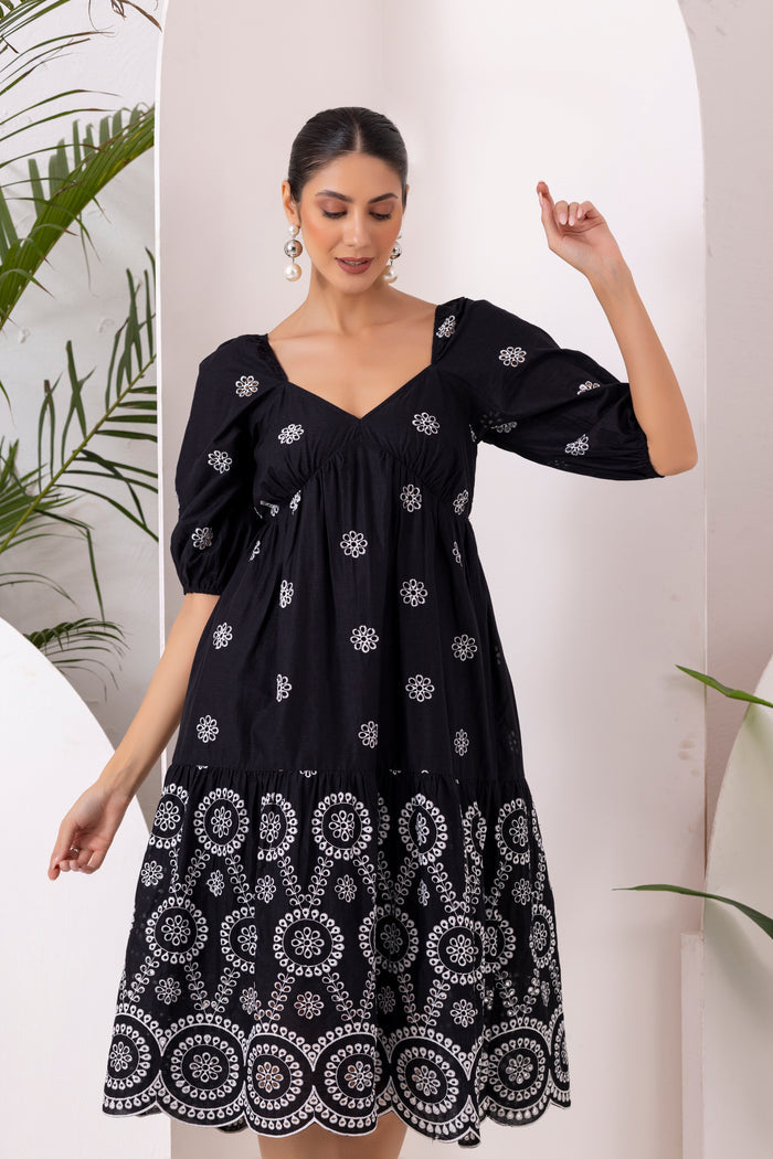 Black Floral Embroidery Midi Dress