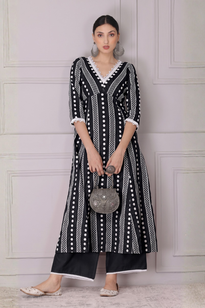 Black Lace Embroidered Kurta Set
