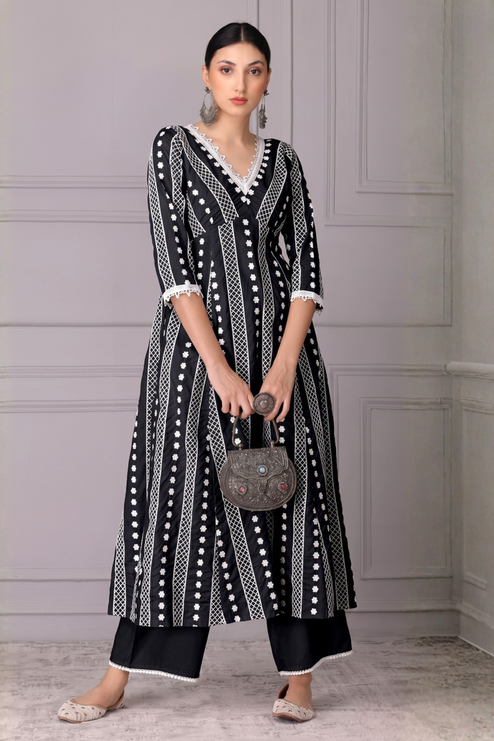 Black Lace Embroidered Kurta Set