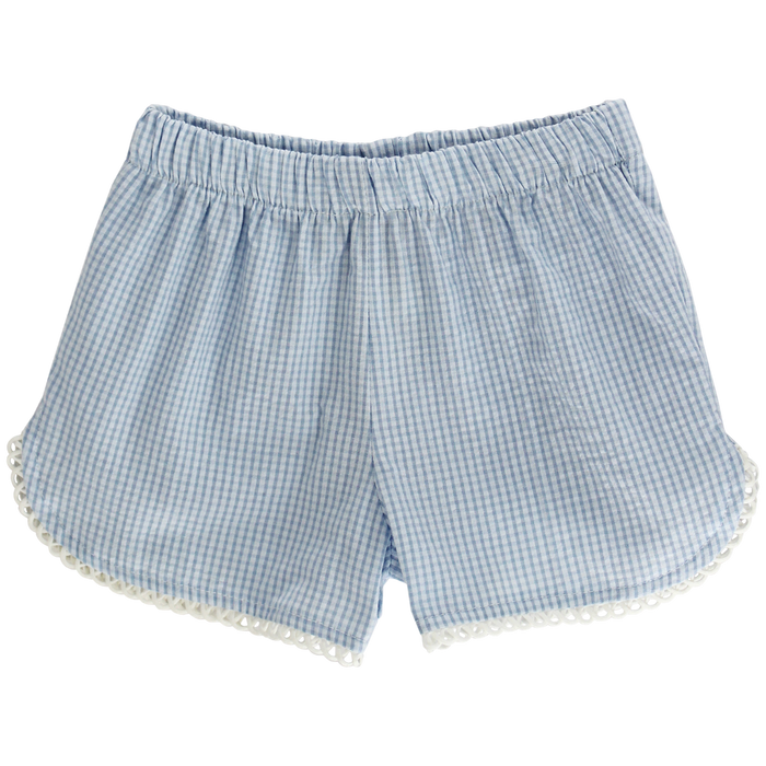 Blue Check Seersucker - Girls Short with Ruffle