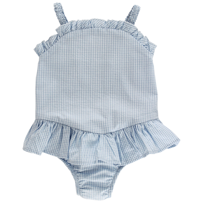 Blue Check Seersucker - One Piece Swimsuit with Ruffle