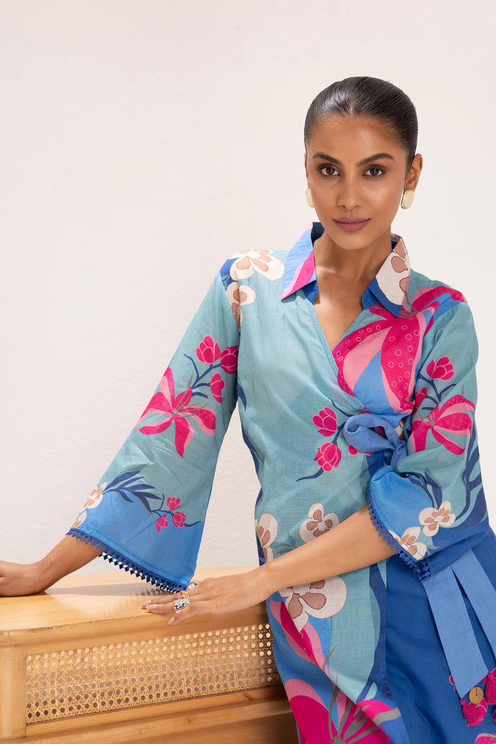 Blue Floral Printed Wrap Kurta