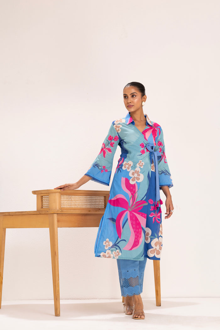 Blue Floral Printed Wrap Kurta
