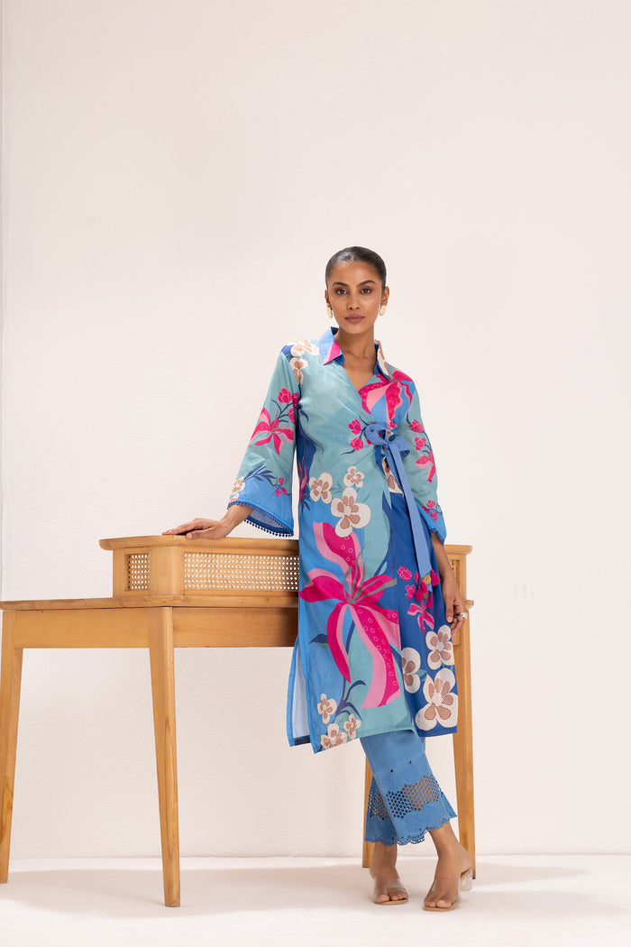 Blue Floral Printed Wrap Kurta