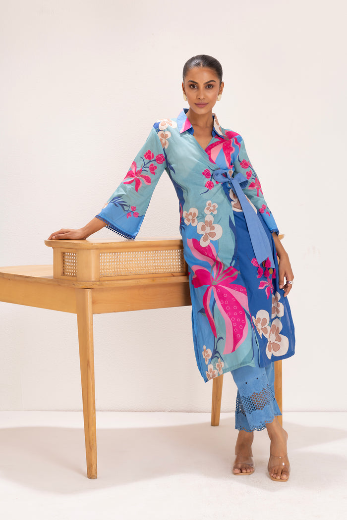 Blue Floral Printed Wrap Kurta