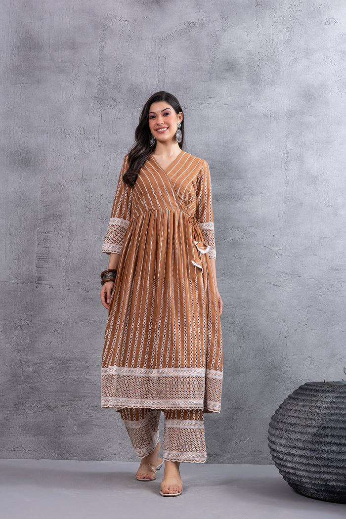 Caramel Brown Angrakha Style Chikankari Kurta set