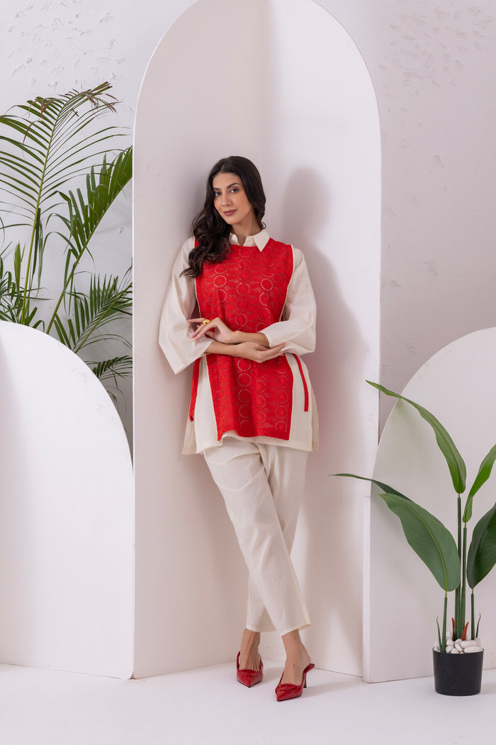 Cream And Red Embroidered Jacket Set