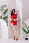Cream And Red Embroidered Jacket Set