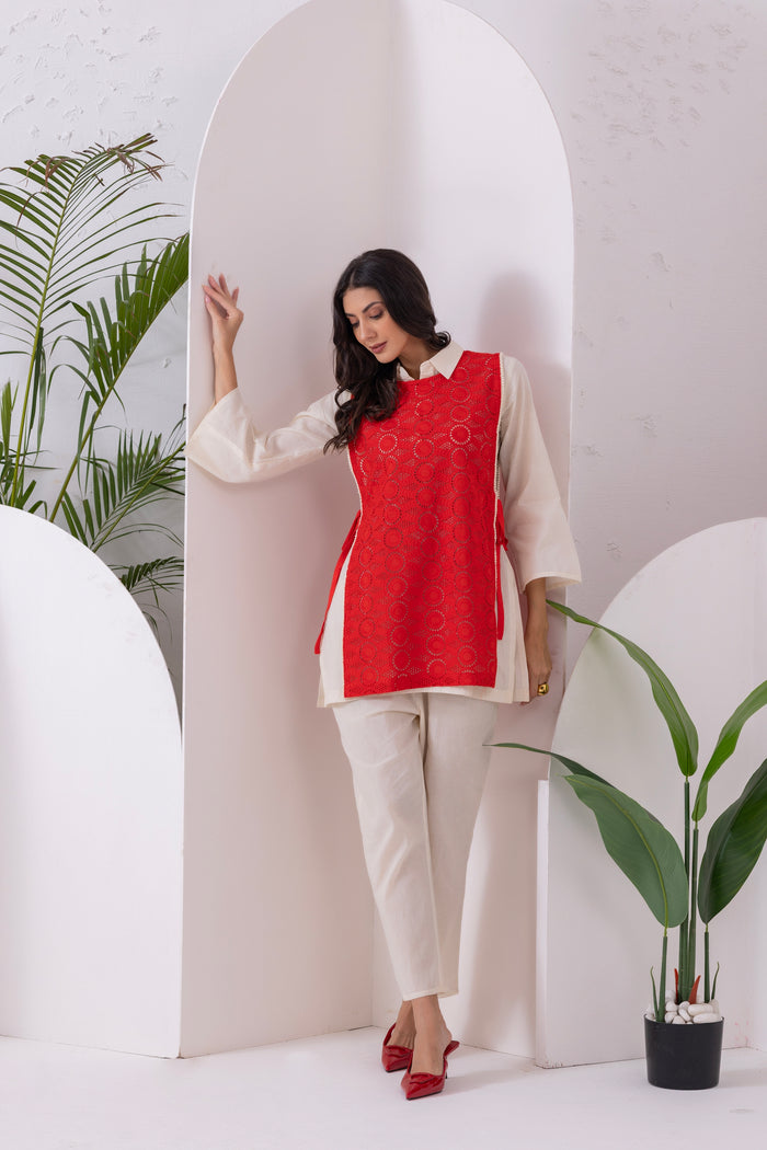Cream And Red Embroidered Jacket Set