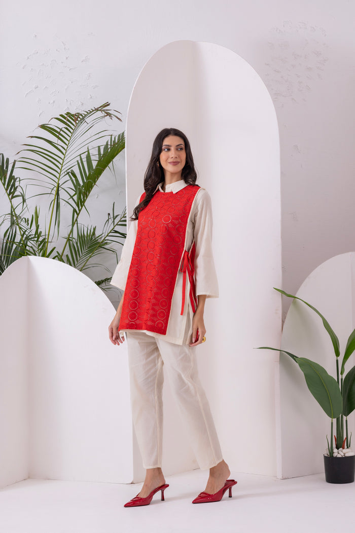 Cream And Red Embroidered Jacket Set