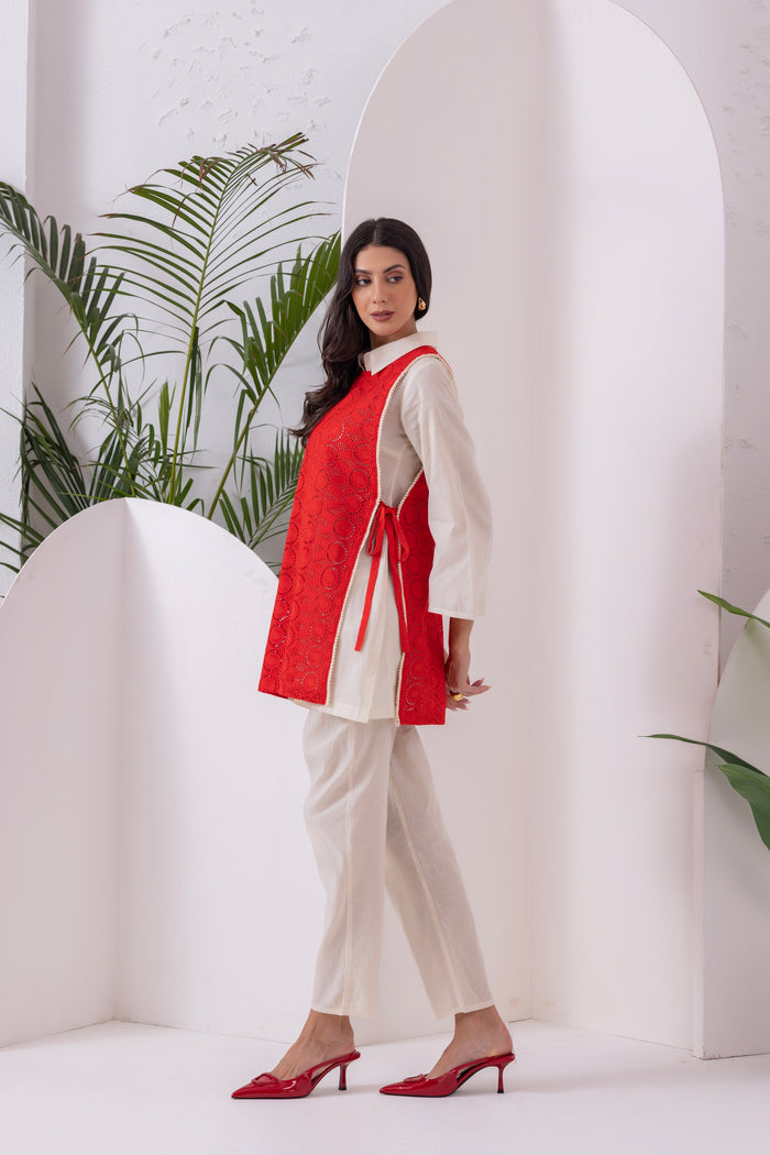 Cream And Red Embroidered Jacket Set