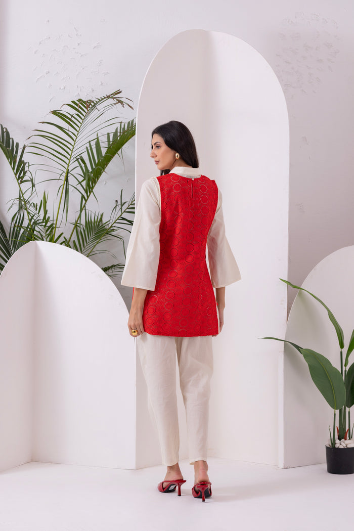 Cream And Red Embroidered Jacket Set