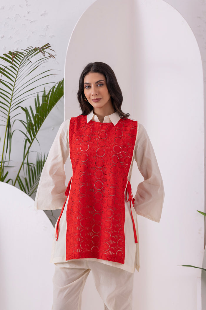 Cream And Red Embroidered Jacket Set