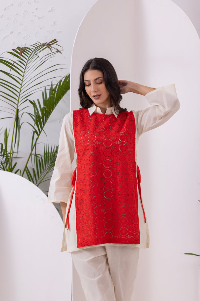Cream And Red Embroidered Jacket Set