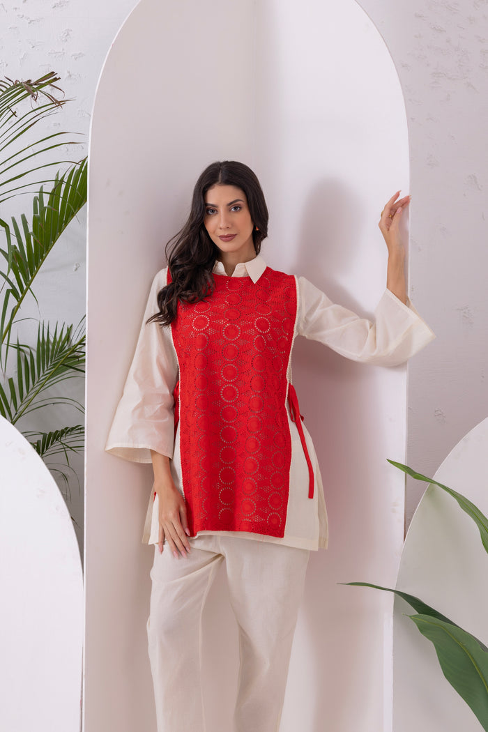 Cream And Red Embroidered Jacket Set