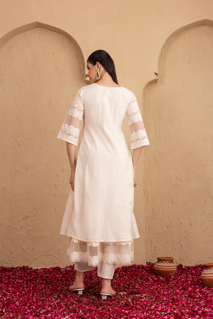 CREAM SUIT SET WITH YELLOW FLORAL PRINTED ORGANZA DUPATTA
