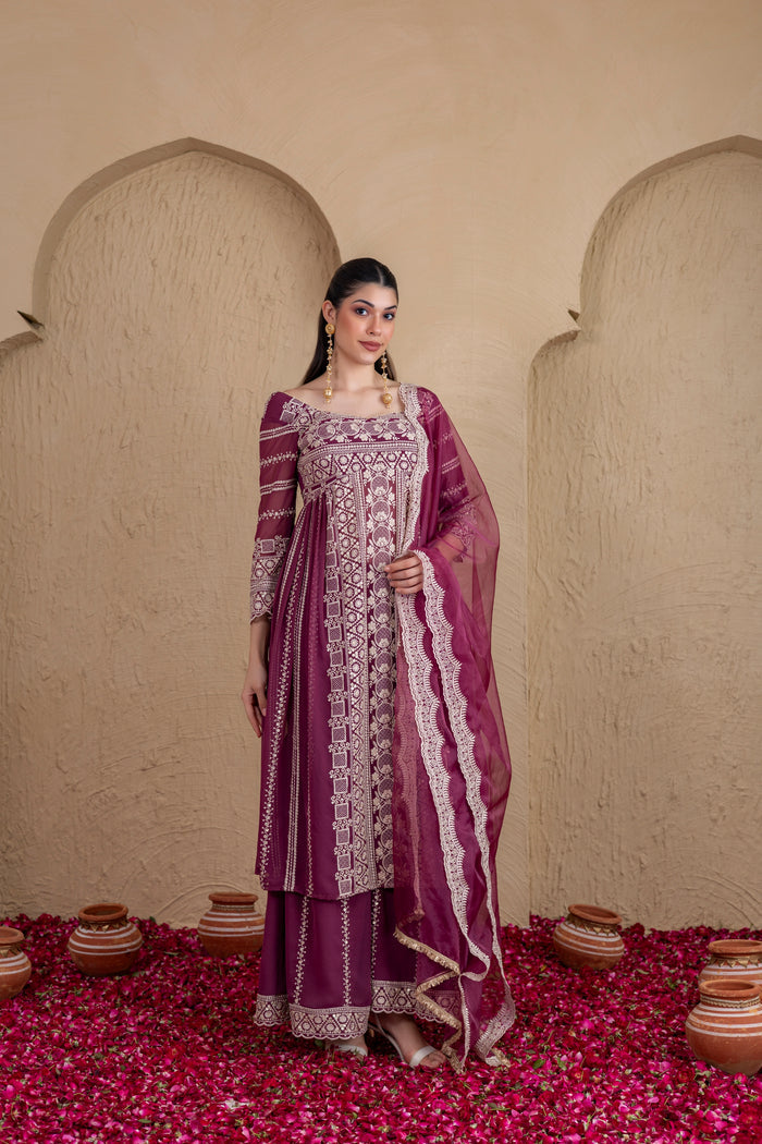 DEEP PLUM GOLD SEQUENCE FLARED SUIT SET