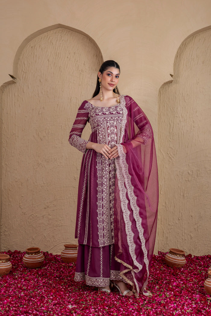 DEEP PLUM GOLD SEQUENCE FLARED SUIT SET