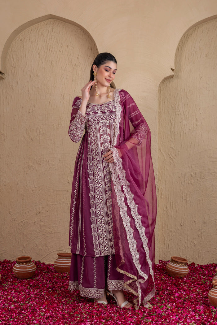 DEEP PLUM GOLD SEQUENCE FLARED SUIT SET
