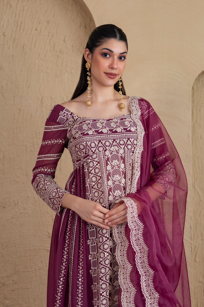 DEEP PLUM GOLD SEQUENCE FLARED SUIT SET
