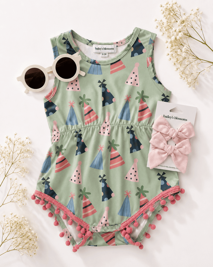 Dillon Pom Pom Romper - Party Hats product_type - Bailey's Blossoms