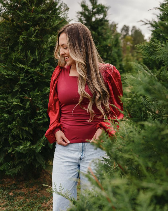 Evangeline Satin Sleeve Top & Leotard - Crimson Red