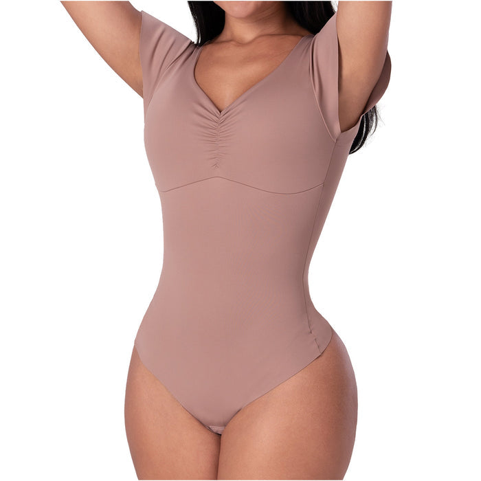 Fajas MyD Flutter-Sleeve Bodysuit Light Control V-Neck Shaper