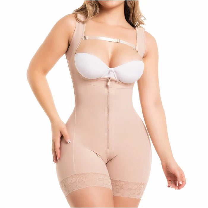 Fajas Salome Mid Thigh Firm Compression Full Body Shaper for Women Butt Lifter Open Bust Postpartum Bodysuit Powernet