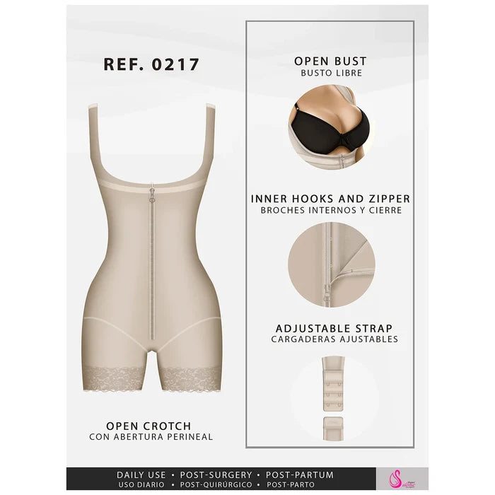 Fajas Salome Mid Thigh Firm Compression Full Body Shaper for Women Butt Lifter Open Bust Postpartum Bodysuit Powernet