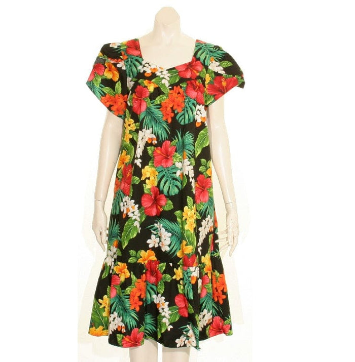 Floral Mix Tulip Sleeve Zipper Back Short Muu Muu (Black)